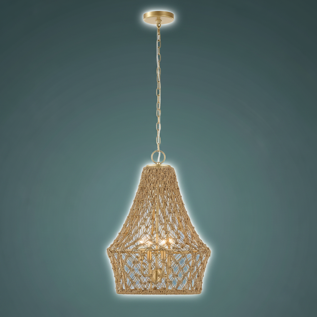 Macrame Rope Four Light Pendant Gold Finish