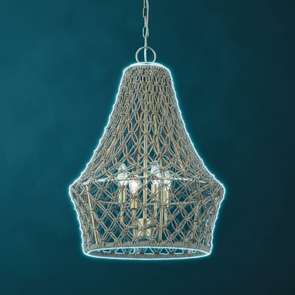 Macrame Rope Four Light Pendant Gold Finish