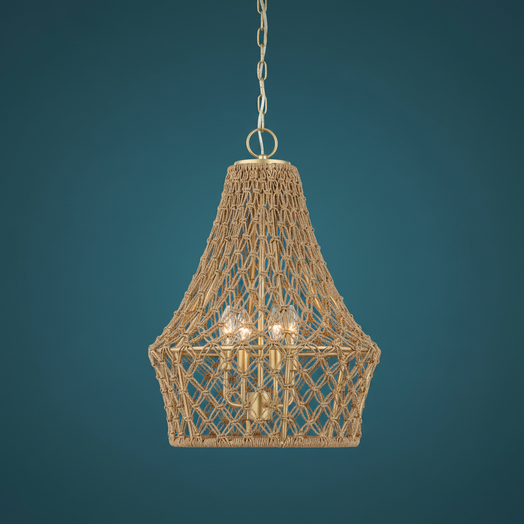 Macrame Rope Four Light Pendant Gold Finish