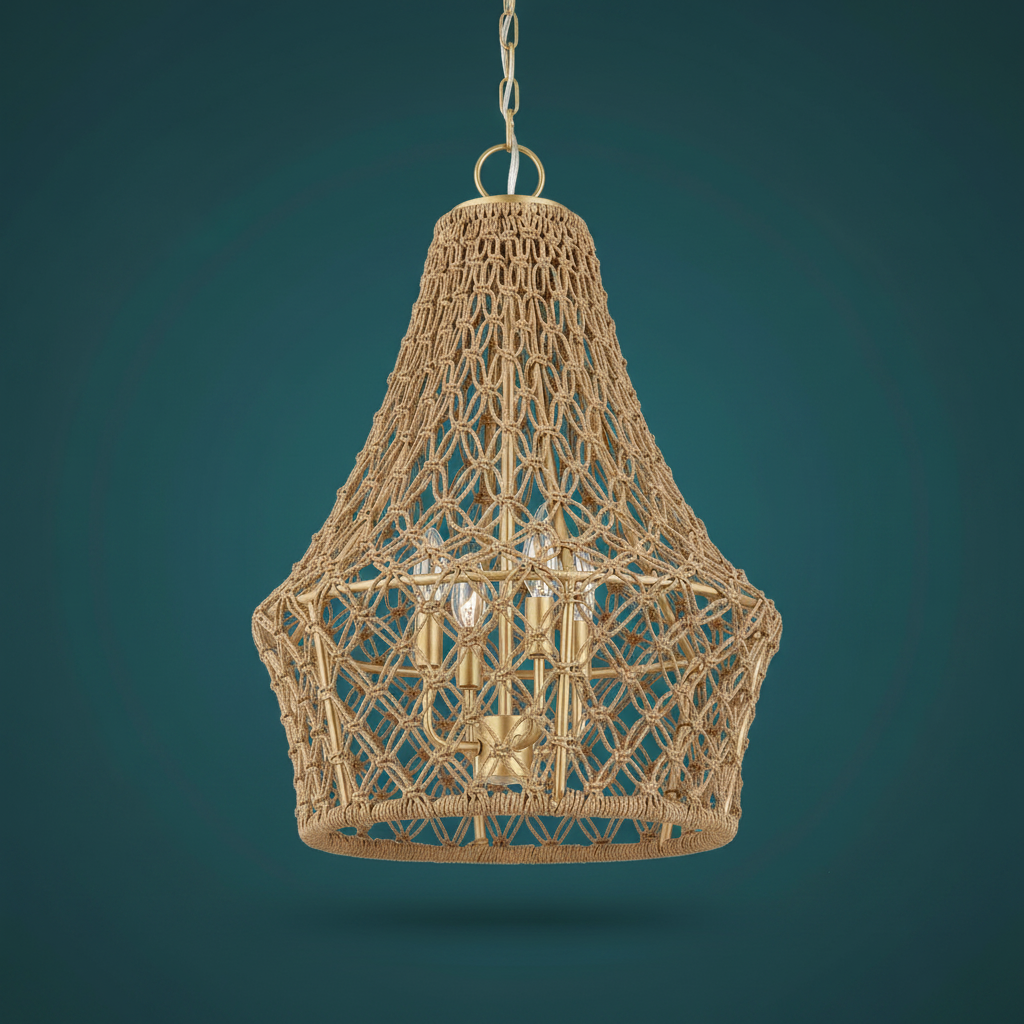 Macrame Rope Four Light Pendant Gold Finish