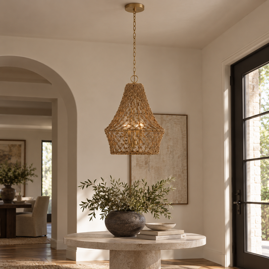 Macrame Rope Four Light Pendant Gold Finish