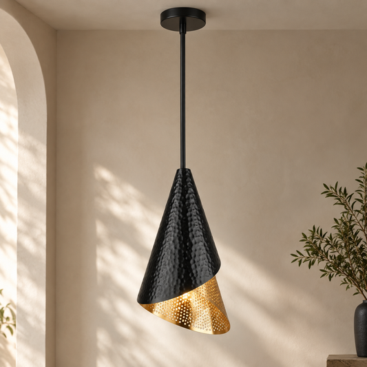 Hammered Black Gold Cone Pendant Light