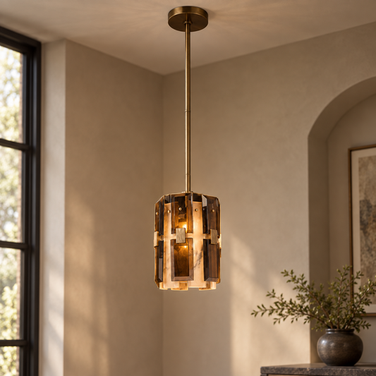 Aged Brass Alabaster Glass Pendant